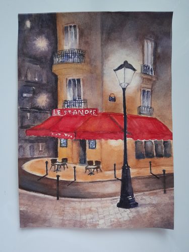 Chrissy F, night scene Parisian cafe, watercolour.
